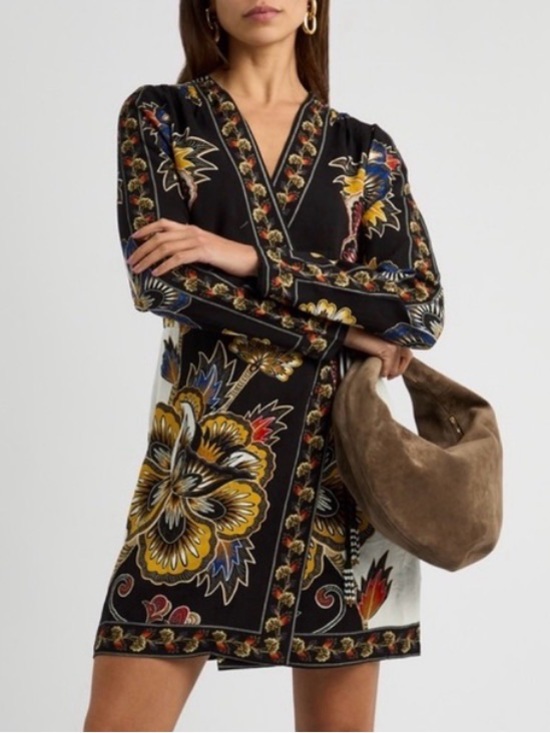 FARM Rio Dresses & Skirts - FARM Rio Floral Border Print Long Sleeve Wrap Minidress in Maxi Floral Black